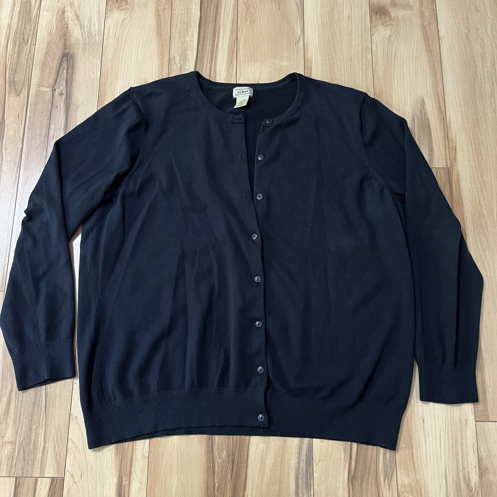 LL Bean Women's 2X Black Button Front Cardigan Sweater Cotton Blend Preppy